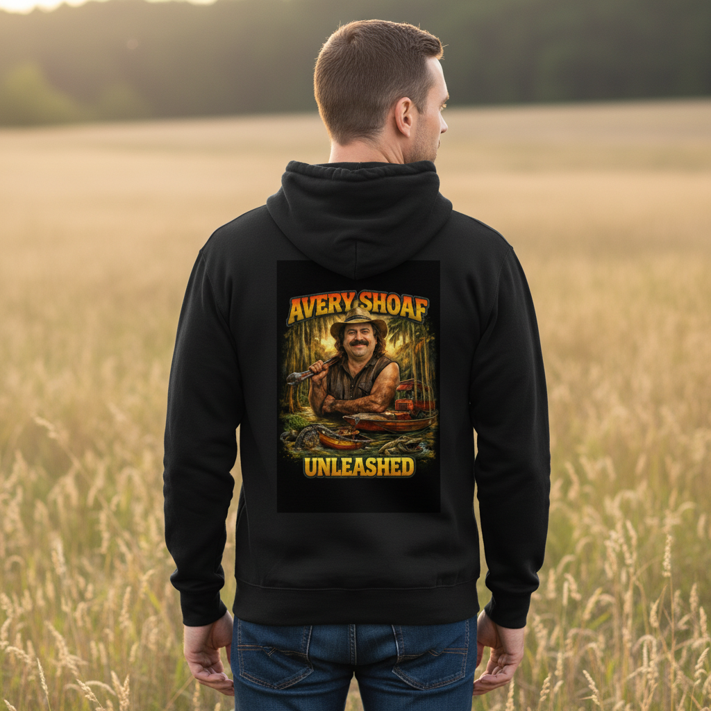 Avery Shoaf Unleashed Zip Hoodie — Retro Fisherman Graphic Hooded Sweatshirt